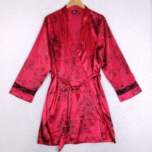 Apt 9 Intimates Floral Kimono Robe Womens XL Red Satin Black Lace Trim Short
